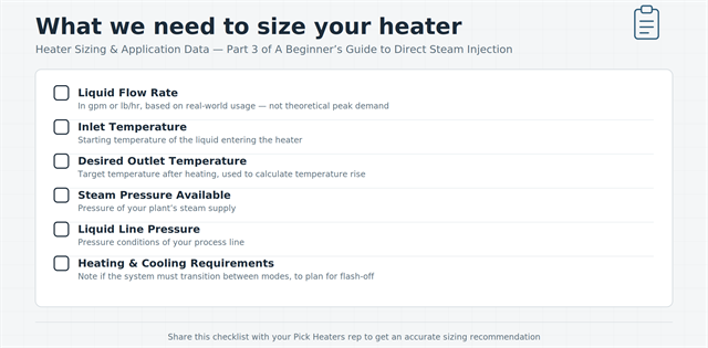 Pick Heater Sizing Checklist